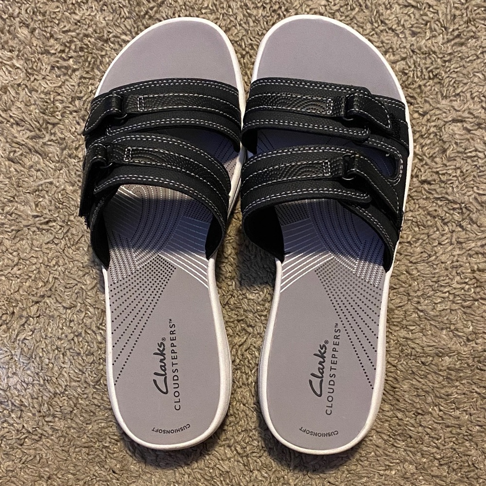 Clarks Black Triple-Strap Cloudsteppers Slide Sandals